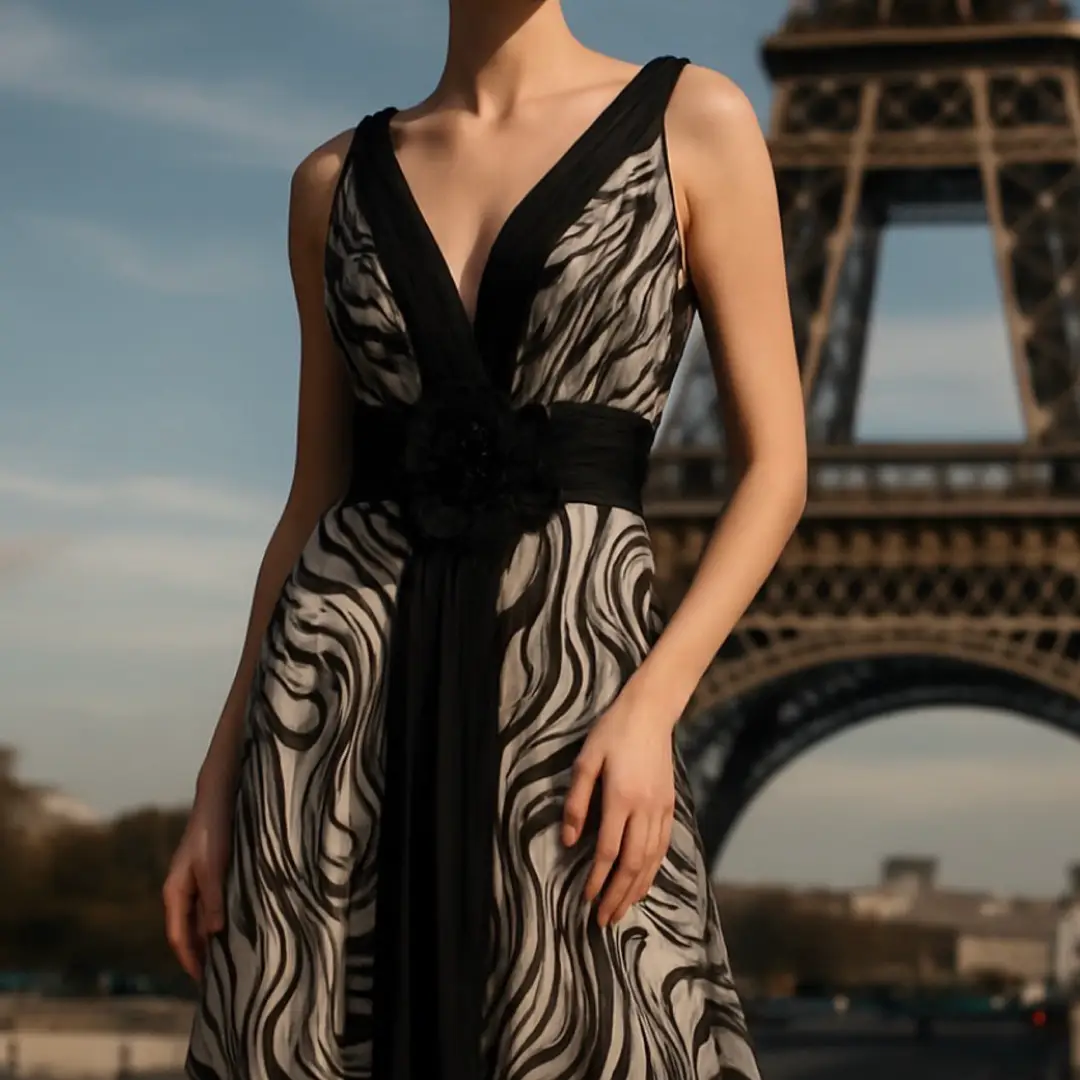 Sarafia Couture Zebra Print V-Neck Dress with Flower Detail