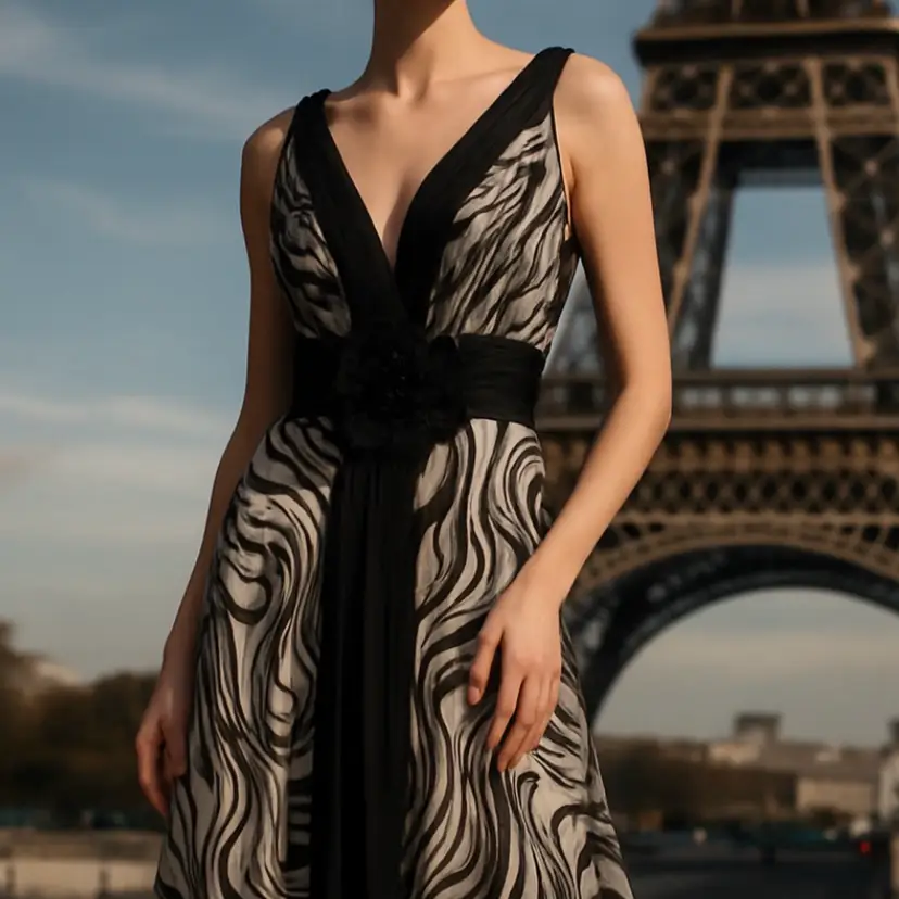 Sarafia Couture Zebra Print V-Neck Dress with Flower Detail