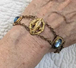Antique Double Chain Brass Tone Bracelet with Blue Faceted Cabochons and Trefoils