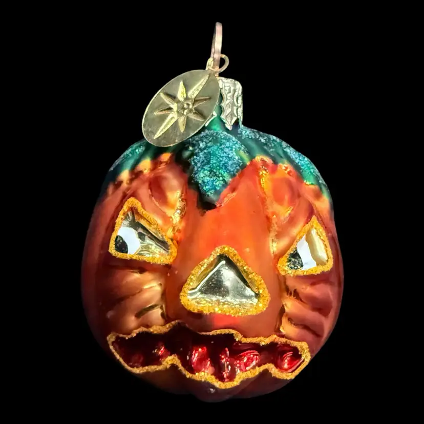 Christopher Radko Double Sided Happy & Mad Face Jack-O-Lantern Pumpkin Glass Ornament 2.25”