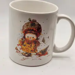 Giordano coffee mug vintage Christmas girl boy sled Christmas Tree