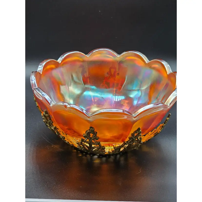 Vtg Northwood Marigold Irredescent Carnival Glass Flute 9" Serving Bowl With Brass Stand
