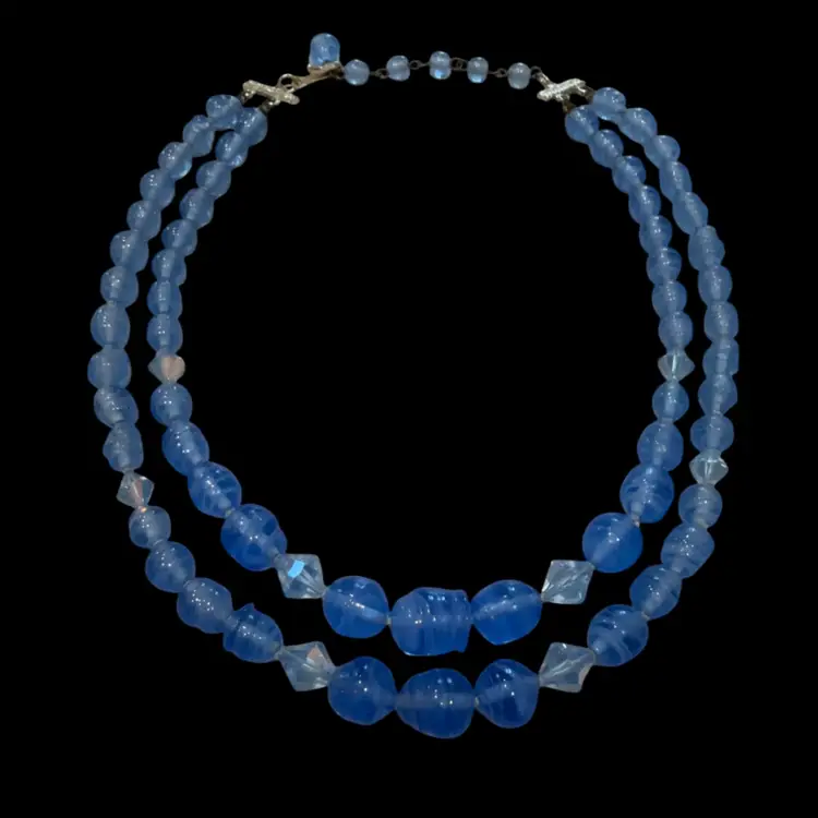 Vintage MCM Hand Blown Blue Art Glass Bead Double Strand Choker Necklace, Japan 16”