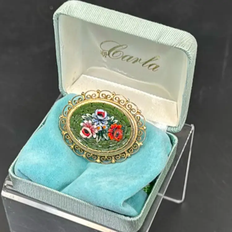 #01 Micro Mosaic Flower Brooch Made In Italy, Has Makers