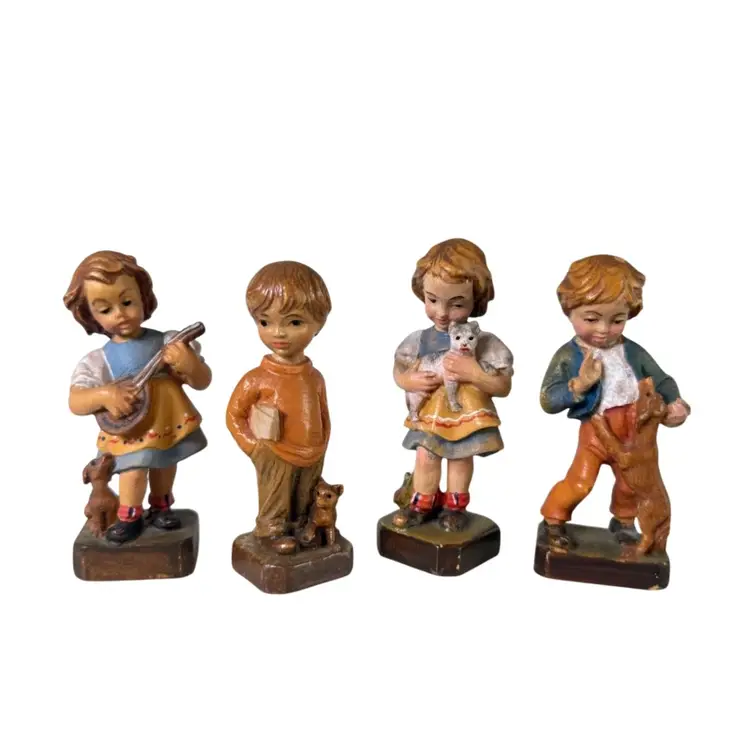 FOUR Vintage Hand Carved/Hand Painted Wooden Children Figurines - Italy, ANRI?