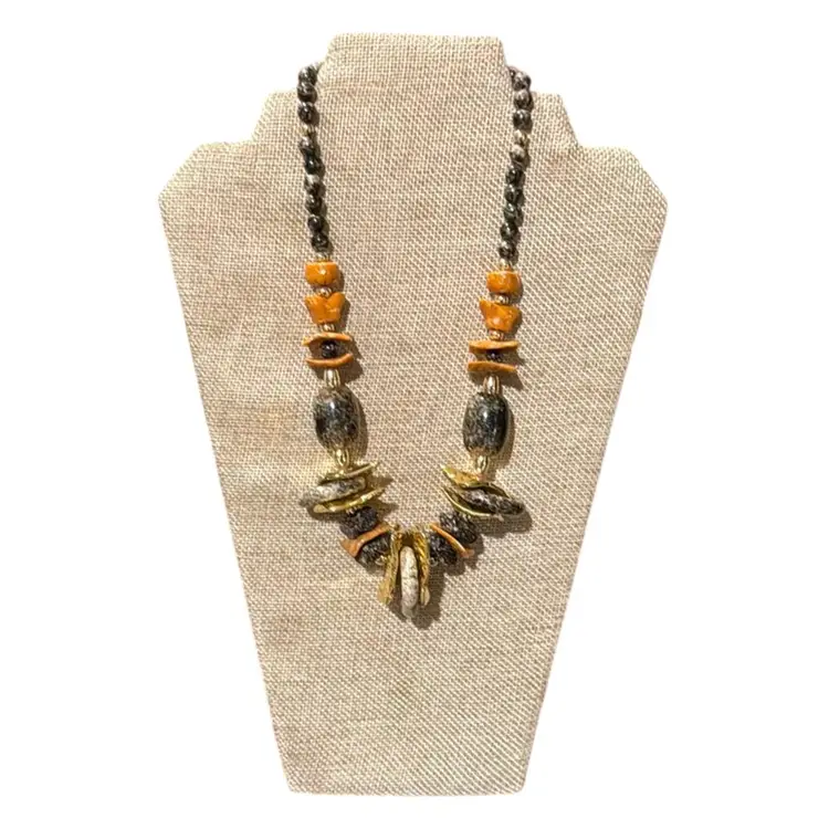 Vintage 1980’s Chunky Lucite Orange, Grey & Green Faux Stone & Gold Disc Bead Necklace