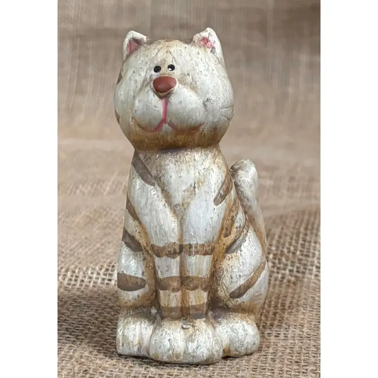 Tabby Cat Figurine Striped Kitty Ceramic Cute Twee Kitsch Rustic Cottagecore