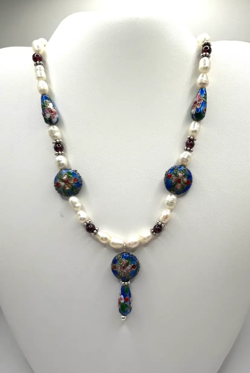 Rice Pearl Garnet & CloisonnΓ© Beaded Necklace 16β Made By Me