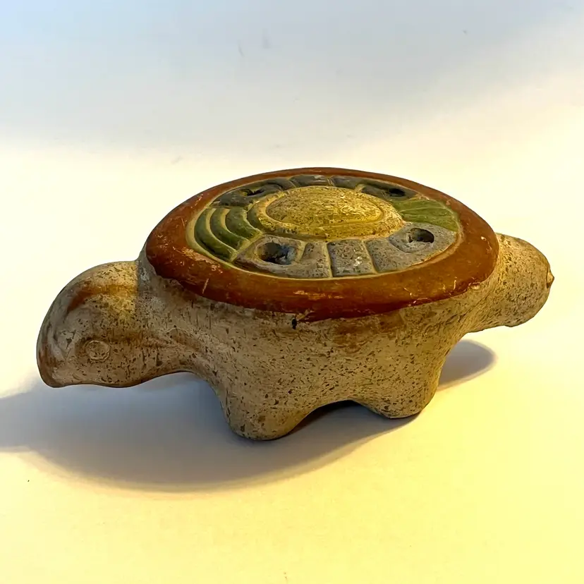 Mexican Clay Pottery Turtle Whistle Flute Ocarina 5" L Vintage MEXICO