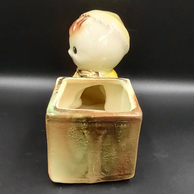 Vtg American Bisque Pottery Baby With Block Planter