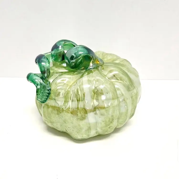 Hand Blown Iridescent Glass Pumpkin/Green Swirl/Light Green With Design & Emerald Green Stem/Fall Decor/Halloween/Art Glass