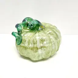 Hand Blown Iridescent Glass Pumpkin/Green Swirl/Light Green With Design & Emerald Green Stem/Fall Decor/Halloween/Art Glass
