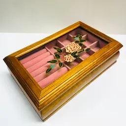 Vintage Wood Jewelry Box Roses Painted Stain Glass Like Rectangular Vanity Chest Storage Organization Hinged