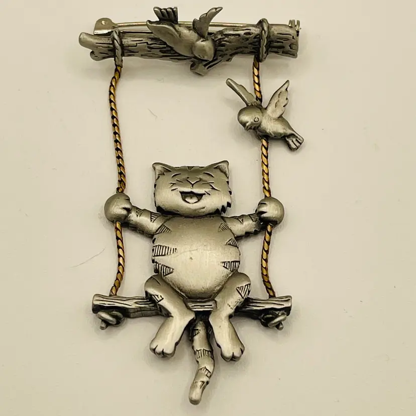 Vintage JJ Jonette Cat On Swing Brooch