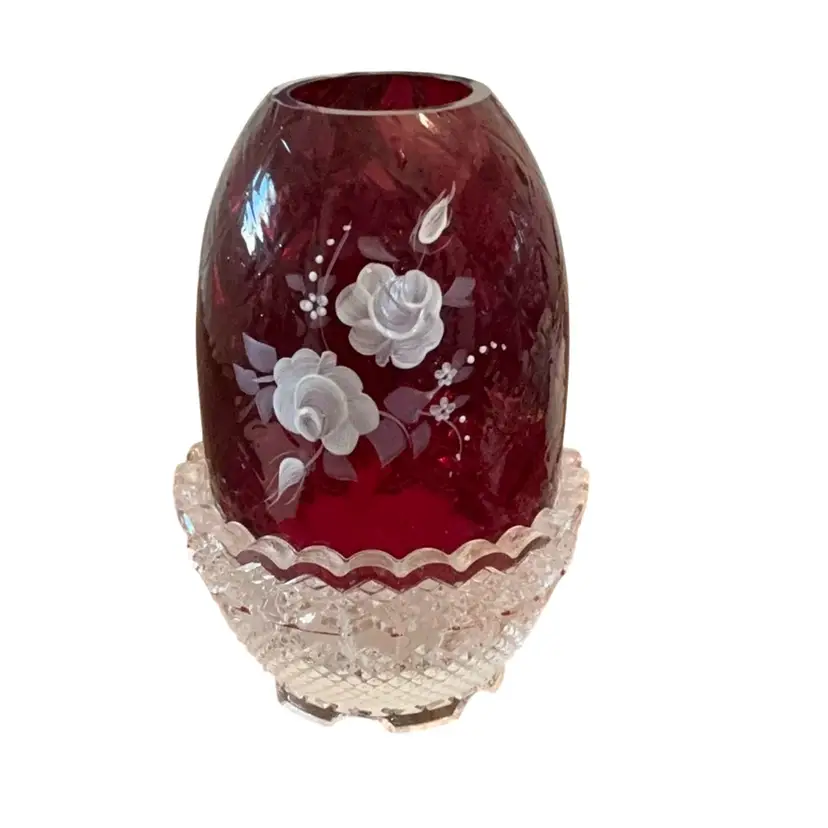 2-piece Fenton White Roses On Ruby HO By Betsy W 4 3/4β X 3β