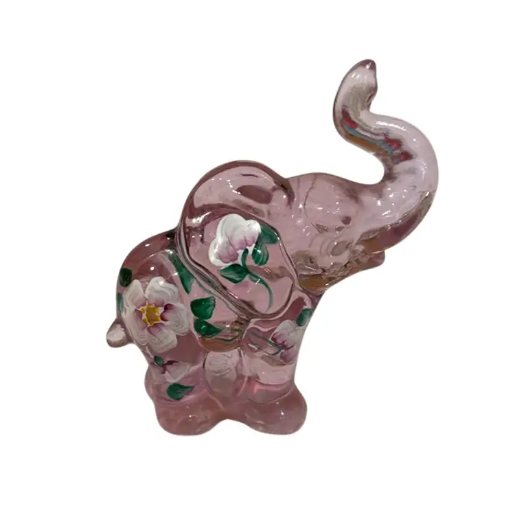 Lenox Fenton Handpainted Signed Flower Power Pink Glass Elephant Figurine -4”