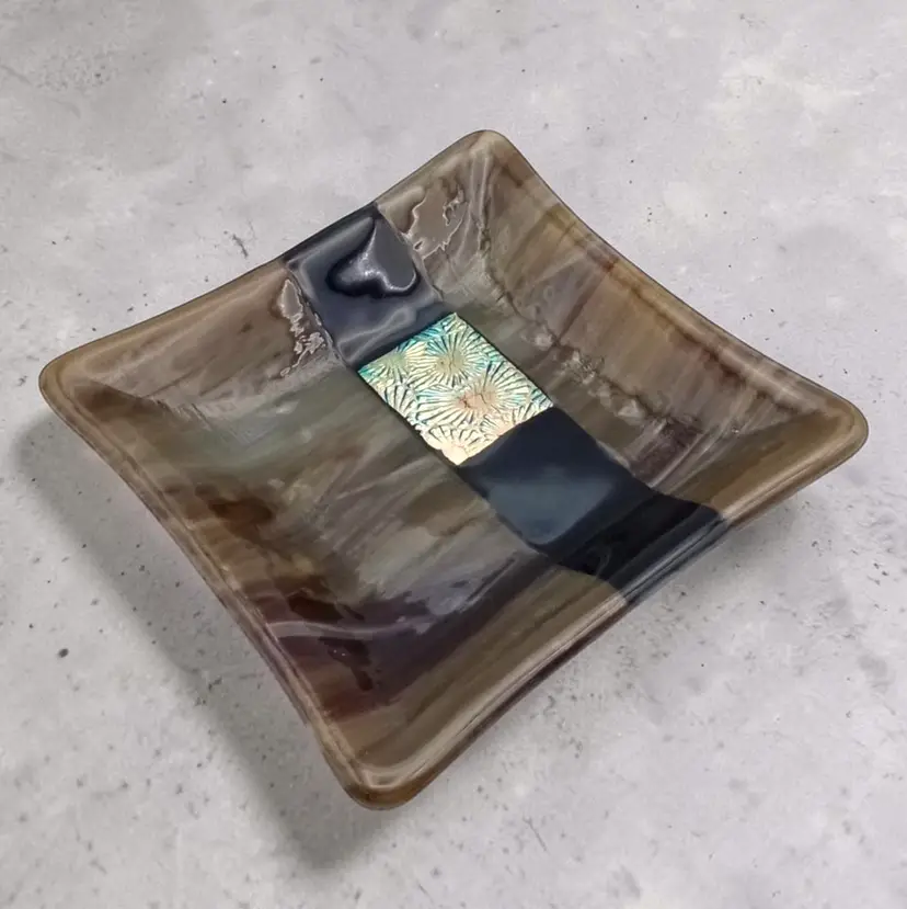 Dichroic Fused Glass Square Trinket Dish Brown Black Copper Abstract Signed