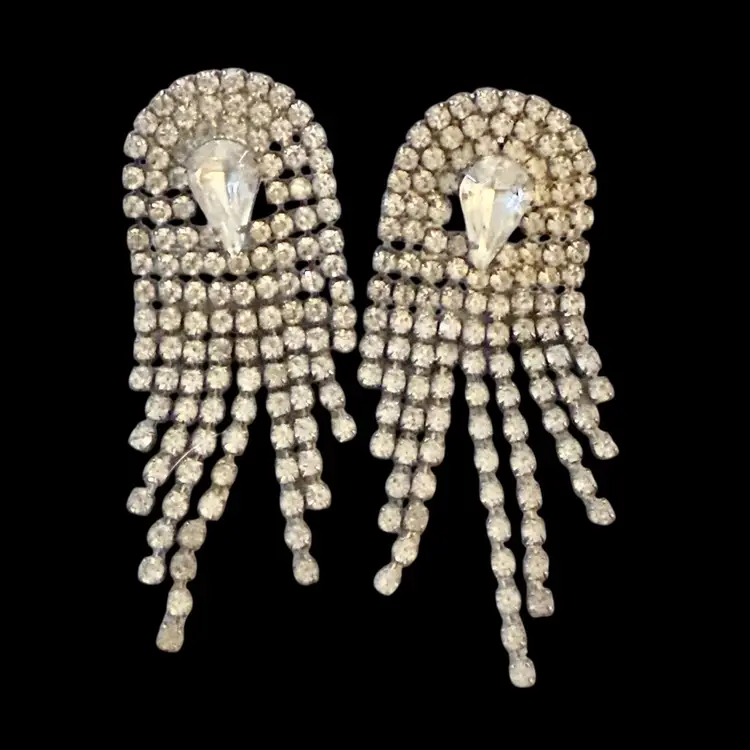 Art Deco Inspired Rhinestone Dangle Post Earrings 2.5”