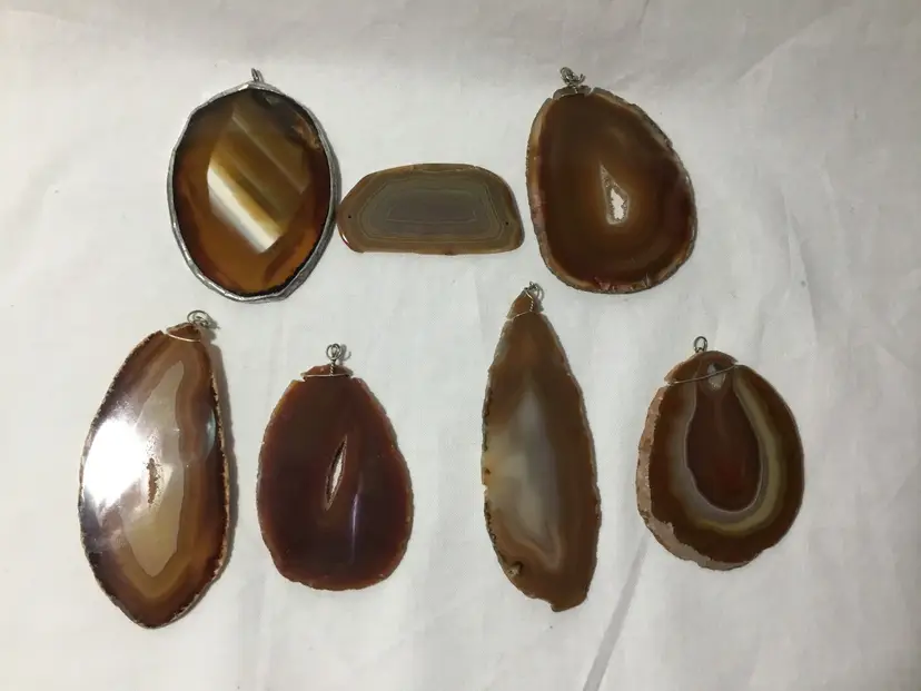 Natural agate slices, 7, polished, for jewelry, wind chimes, mosaics, crafts
