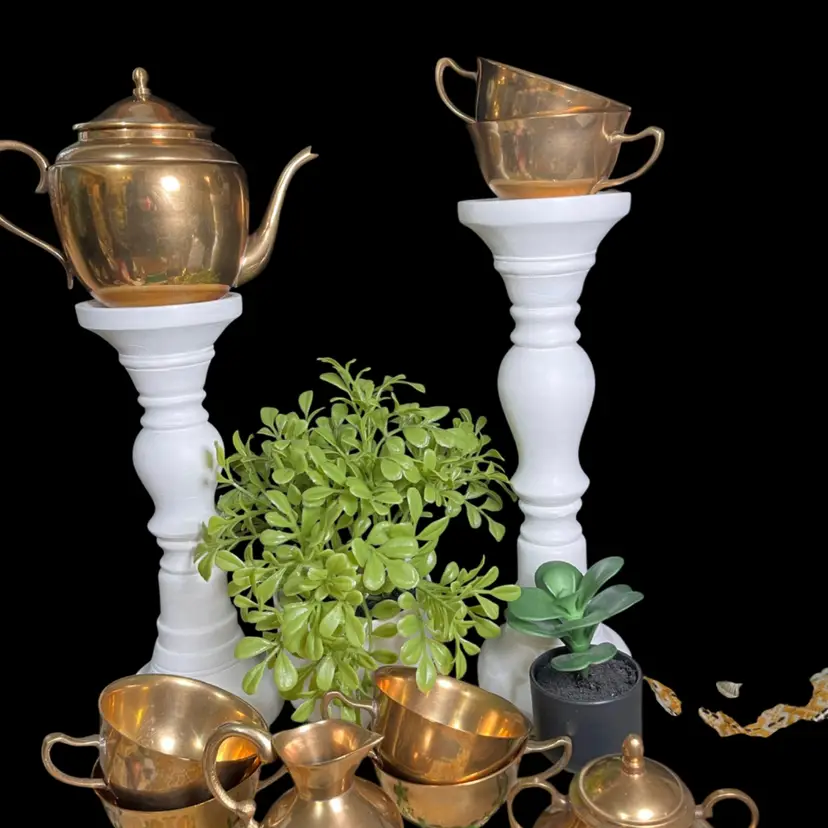 Quality Solid Brass Tea Set-Includes Teapot, 6 Tea Cups, Sugar w/ Lid and 2 Handles, Creamer w/ Decorative Handle