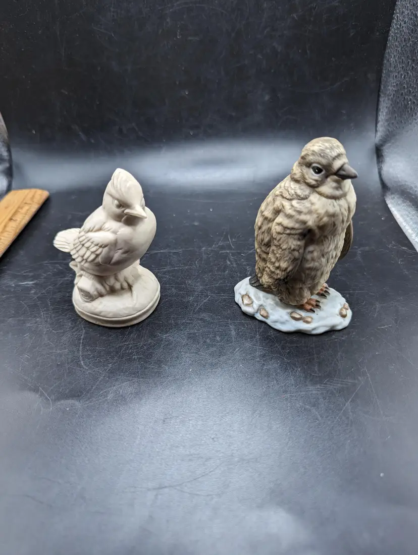 Vintage Bird Figurine Set - Baby Penguin and Signed Dated Cardinal