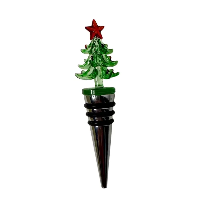 Blown Glass Christmas Tree Wine Bottle Stopper W/ Box 4-1/4” L