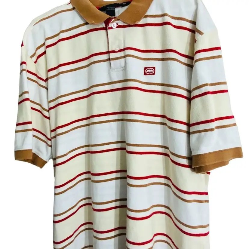 Ecko UNLTD Polo Striped With Light Brown, Tan, Red, And White Stripes. Light Brown Collard. Embroidered Logo. Size XL