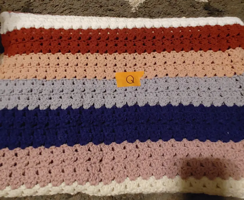Afghan Q- approx size 64 x 54. Multicolored stripe. As shown.