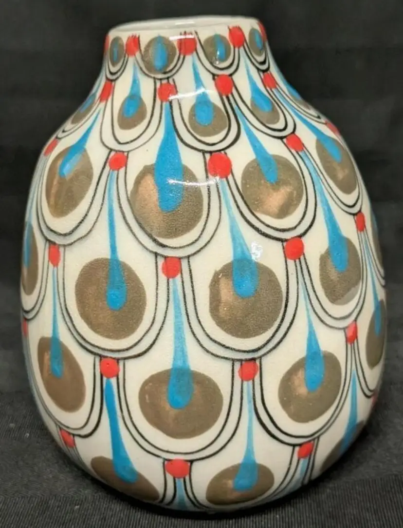 Hand-Painted Ceramic Bud Vase, 3.75" Tall, Geometric Drop Pattern, Semi-Gloss Glaze