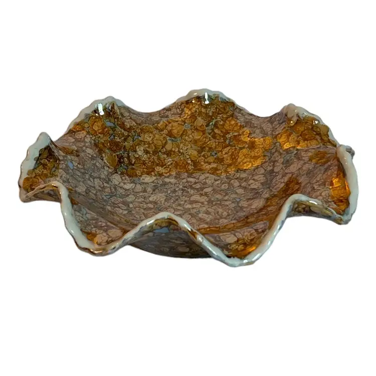 Vintage Holley Ross Shallow Orange / Amber Floral Pattern Ceramic Bowl