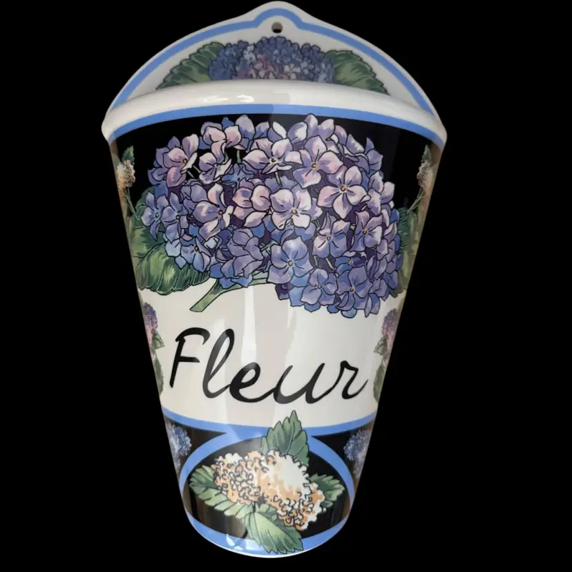 FFFT11 Olive Street Pottery Handcrafted Ceramic Wall Pocket Vase Planter “Fleur” Inscription Blue Hydrangeas Made In China