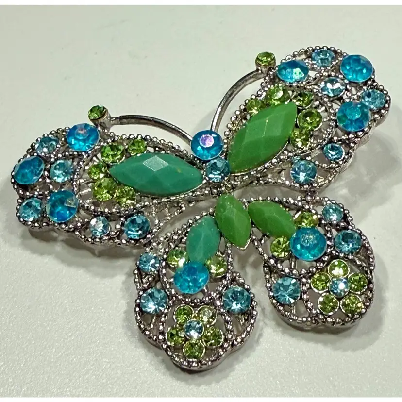 Blue And green Rhinestone And Enamel Butterfly Brooch