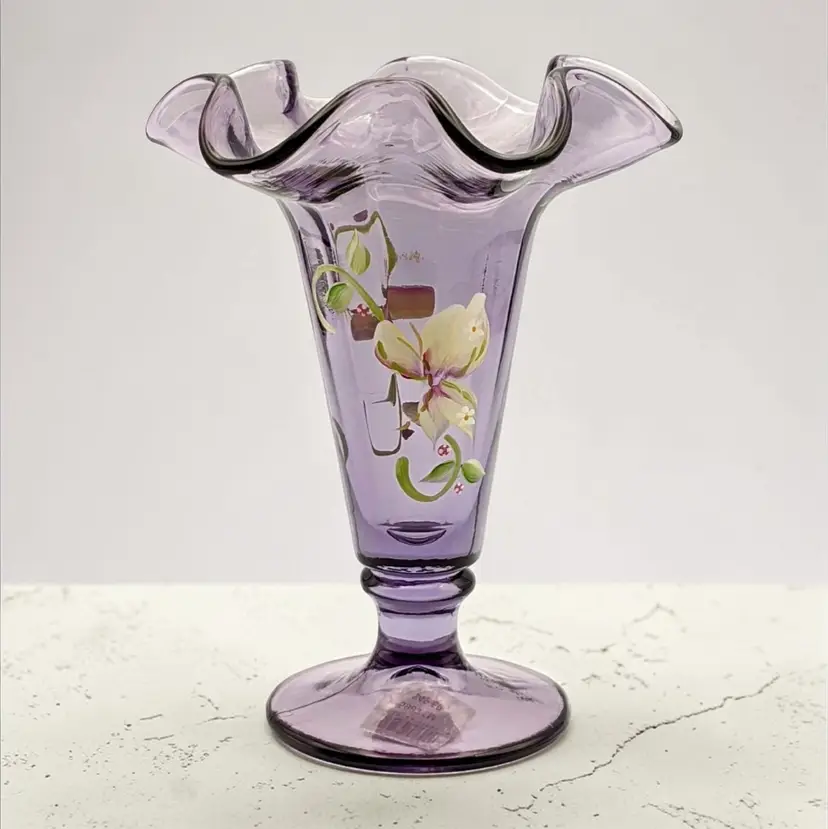 Fenton Purple Crimped Vase Handpainted Flowers by A. Deem 5983EM for McKee Glass