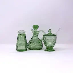 Green Depression Glass Condiment Set – Fostoria Hermitage Cruet, Shaker, and Jam Jar – 1930s Uranium Glass (0321-25)