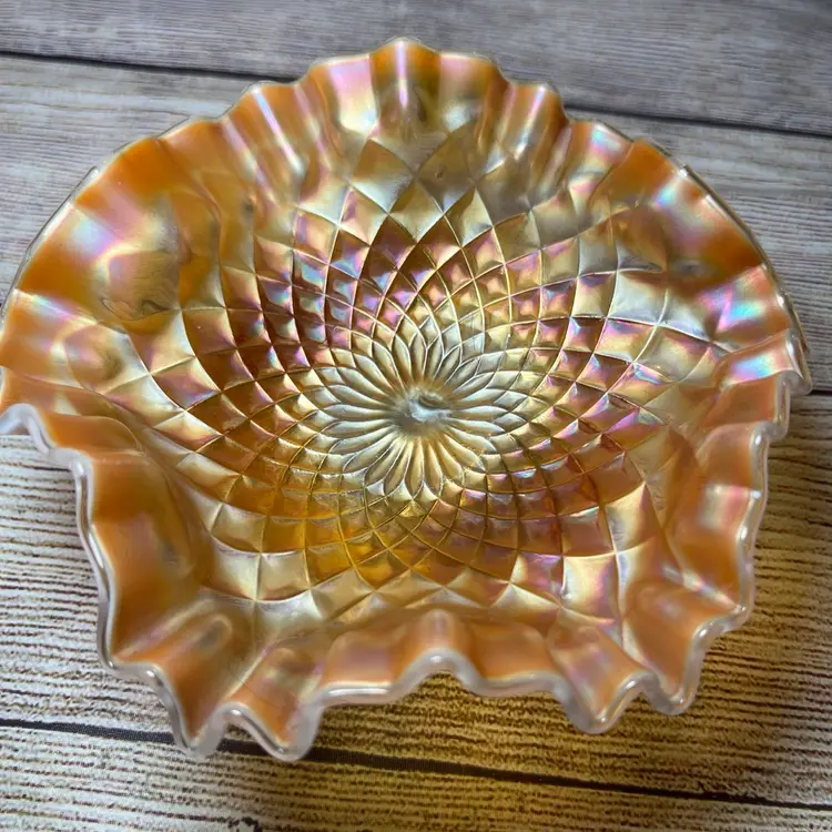 Dugan Folding Fan Peach Opalescent Carnival Glass Ruffled Compote Dish 6.5x3.5”