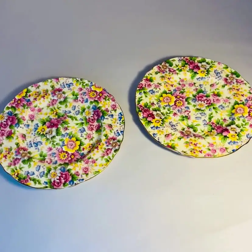 #3702 ENGLAND Chintz Plates Royal Winton Grimwades Cheadle pattern Pink Blue Yellow Floral 2
