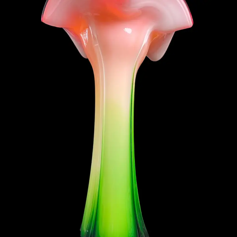 Hand Blown Cased Art Glass Vase-Floral Petal Rim (5 Large Petals)-Casing is Red, Yellow-Gold & White, Outside of Vase is Also Green & White