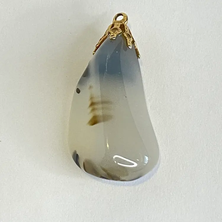 Vintage Dendritic Agate Pendant Scenic Stone Teardrop Gold Tone Bail 1.5 Inch