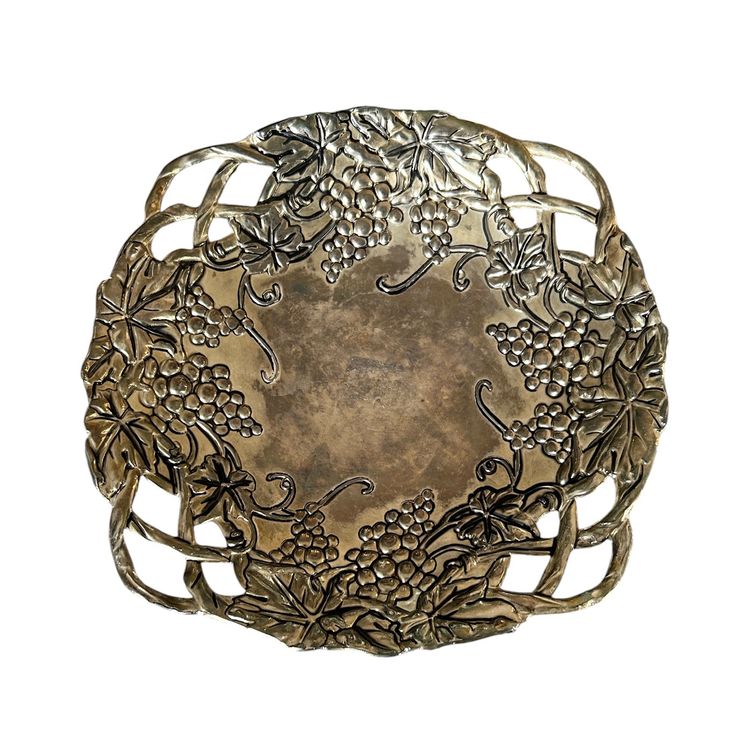 Godinger Silver Plate Platter with Grape Cluster and Leaves - Openwork Four Corners.