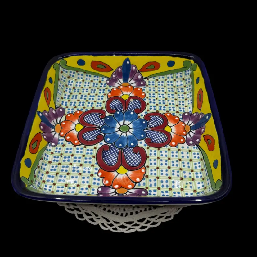 Hand-painted Talavera pottery square serving tray with floral motifs.