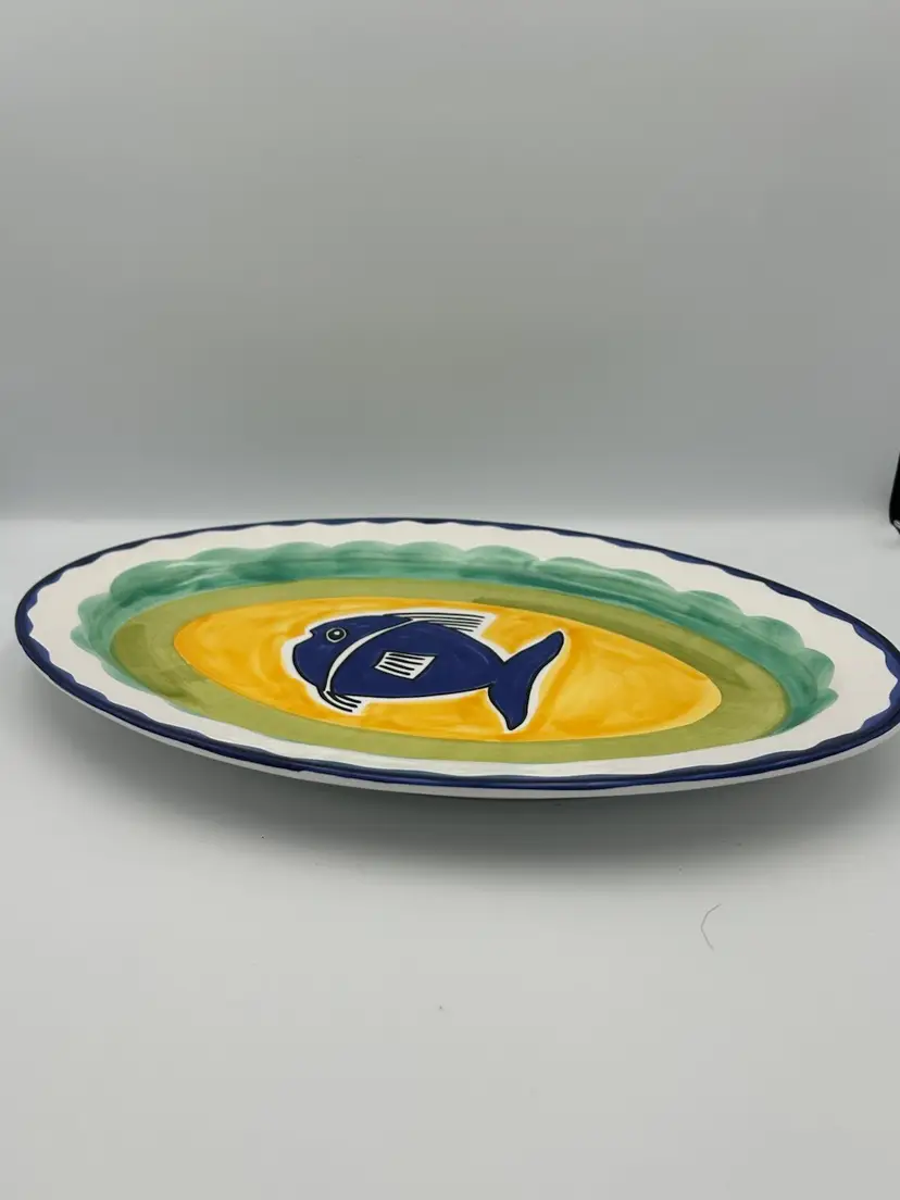 Bright Colored Fish Platter RC Crown Marked Portugal Hand Painted