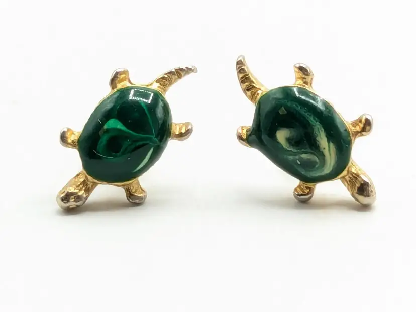 Gold Tone Green Turtle Stud Pierced Earrings