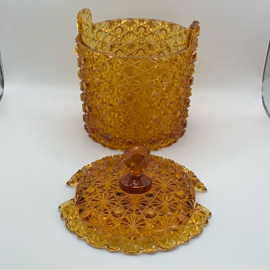 FENTON AMBER DAISY AND BUTTON ICE BUCKET STYLE LIDDED CANDY DISH