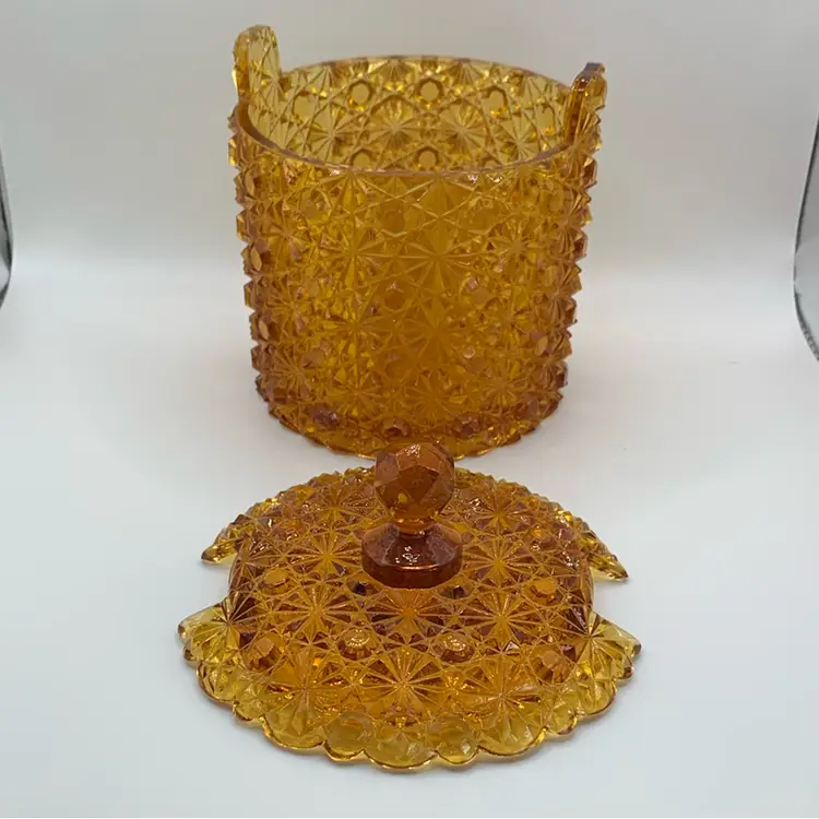 FENTON AMBER DAISY AND BUTTON ICE BUCKET STYLE LIDDED CANDY DISH
