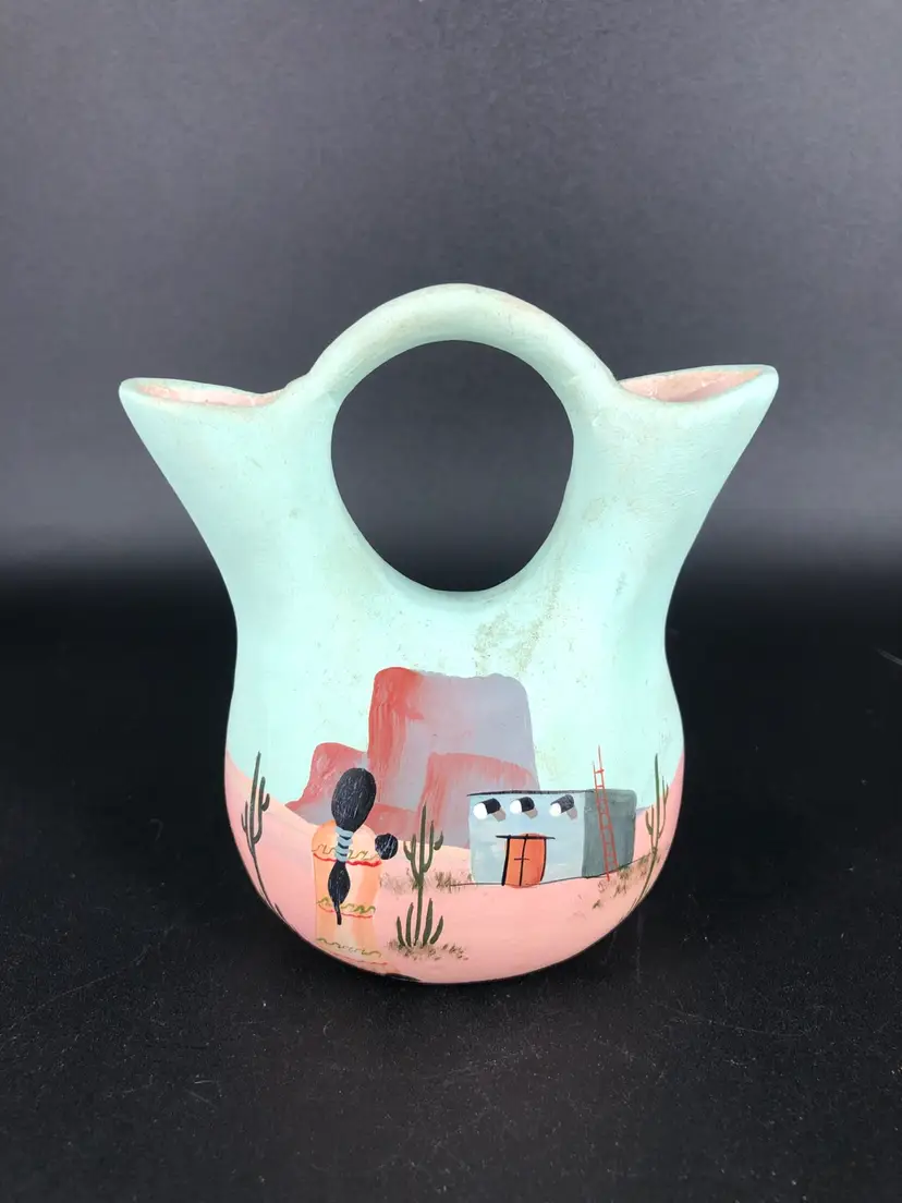 Pottery Wedding Jug Coyote Mother Child Vase Hand Painted Southwest Decor