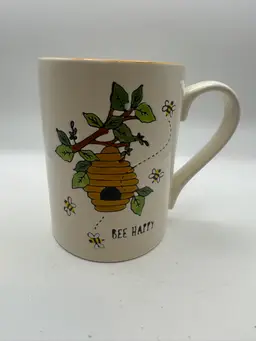 Tag ‘Bee Happy’ Coffee Mug Incised Beehive And Bee Design 5”