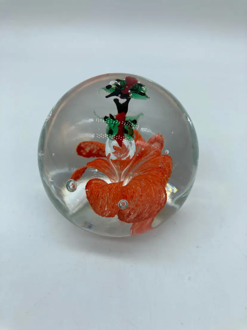 Orange flower with Bugs Glass Paperweight