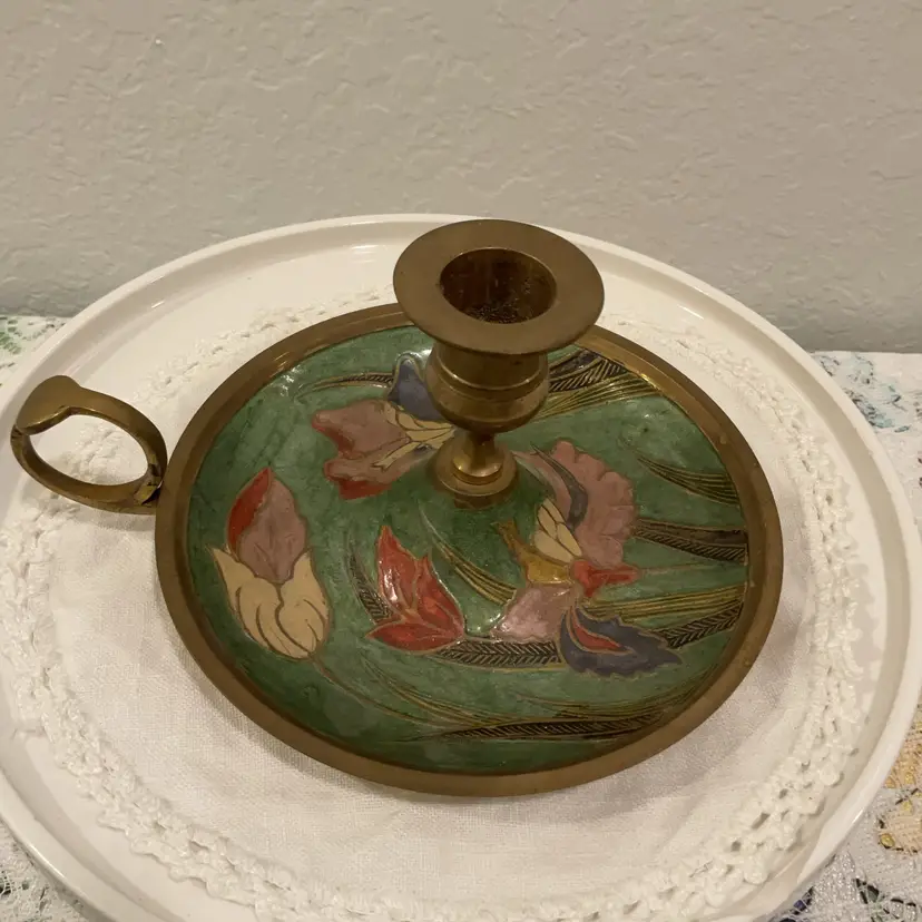 🎉Vintage Indiana Brass Chamber Candlestick with Green Floral Design