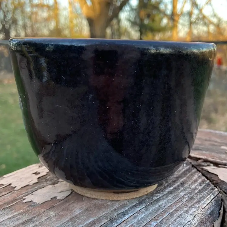 Studio Pottery Mug. Dark Gray Glaze With Multicolored Circle Motif. Marked EDG. 3.5”h. 16 Ounces.