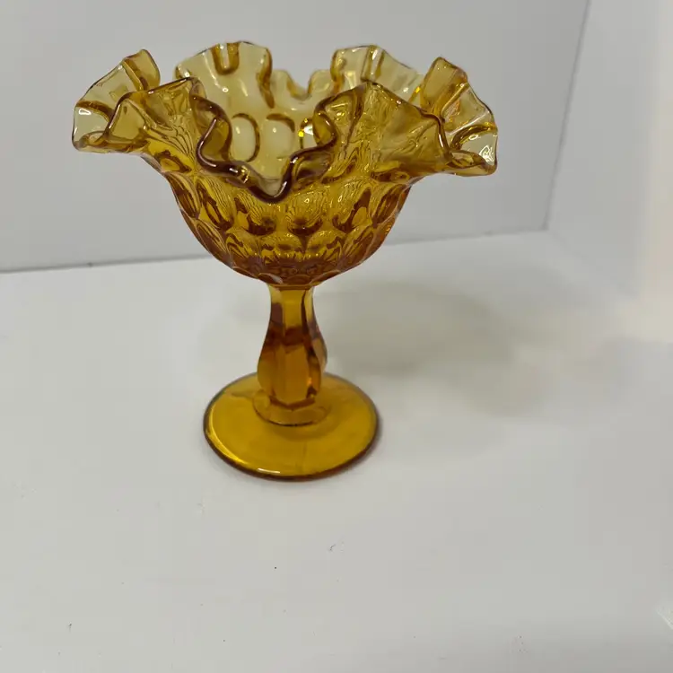 Vintage Fenton Thumbprint Amber Glass Ruffled Edge Footed Compote Candy Dish